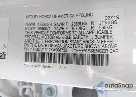 2019 Honda Accord Lx z USA, uszkodzony, nr VIN 1HGCV1F12KA068755